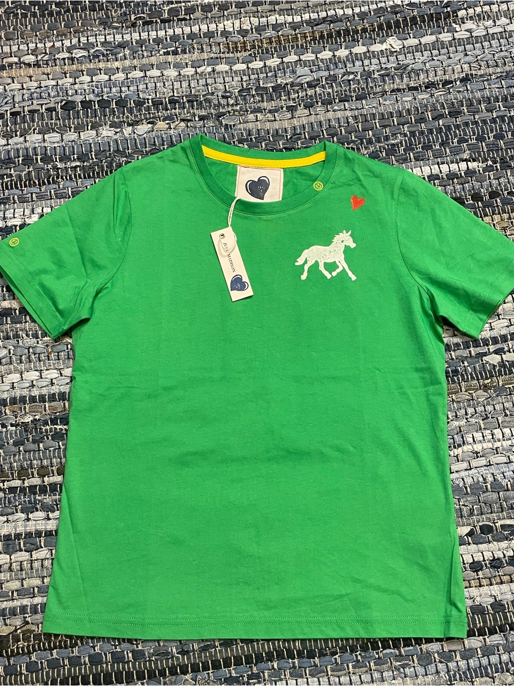 Just Madison Green Short Sleeve Tee with White Horse and Red Heart Accent
